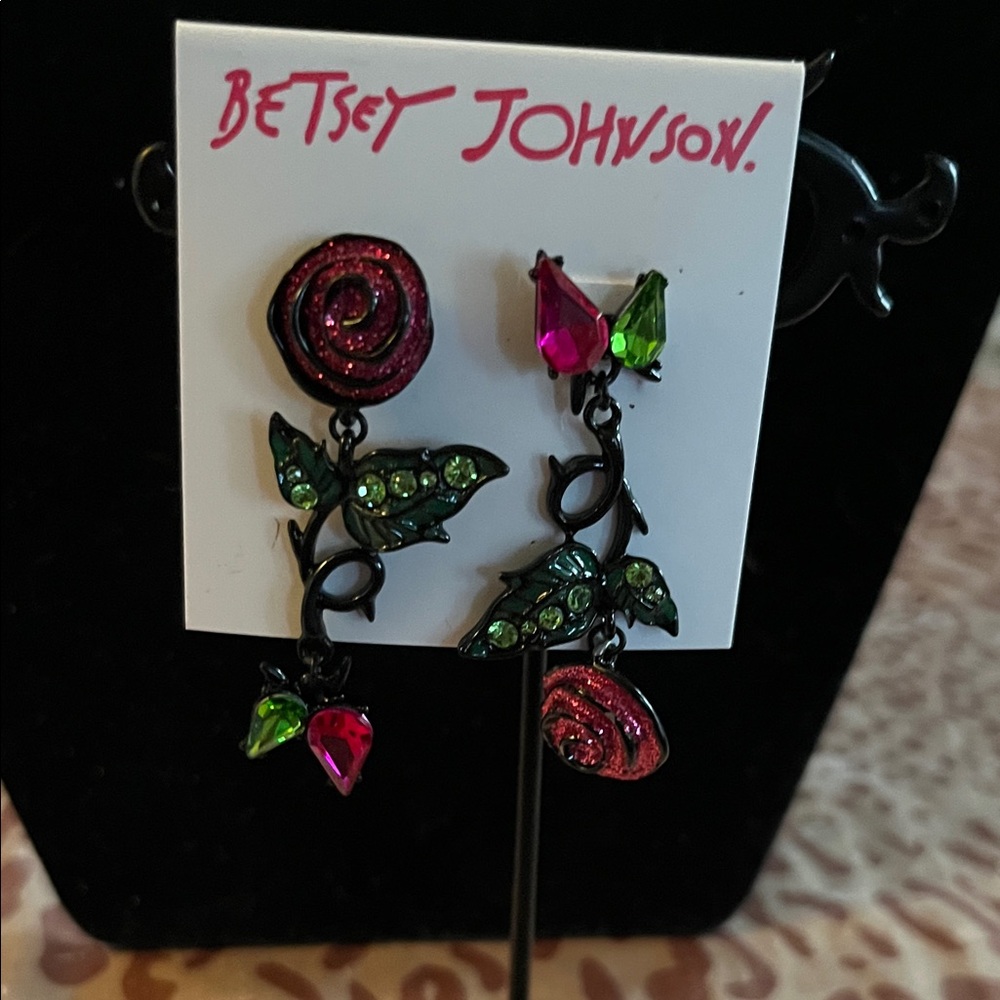 Betsey Johnson Red and Green Rose Drop Earrings